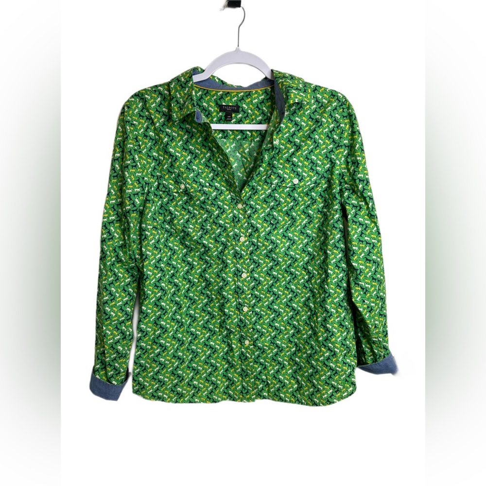 Talbots Womens Button Down Top Shirt Size 14P Green Horse Print Roll Tab Sleeve